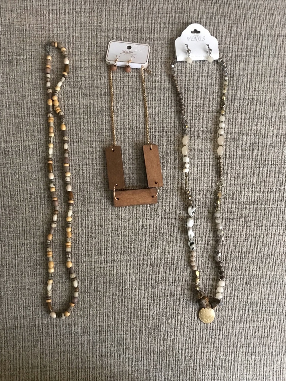 Bundle of 3- Neutral/ Browns- 2 Beaded Necklace - 1 wood & gold